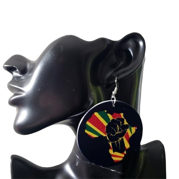 Womens Wood Painted Power Fist African American Round Retro French Hook Earrings - Picture 4 of 4